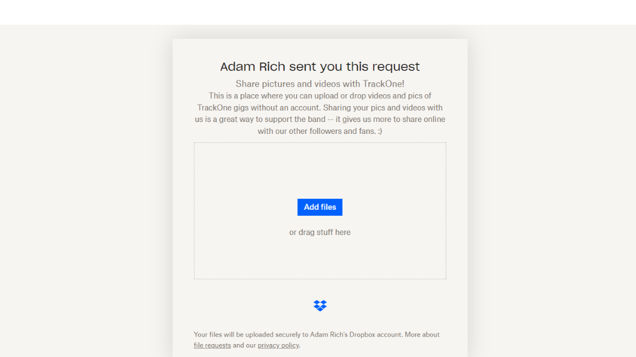Screenshot of DropBox file request form/screen